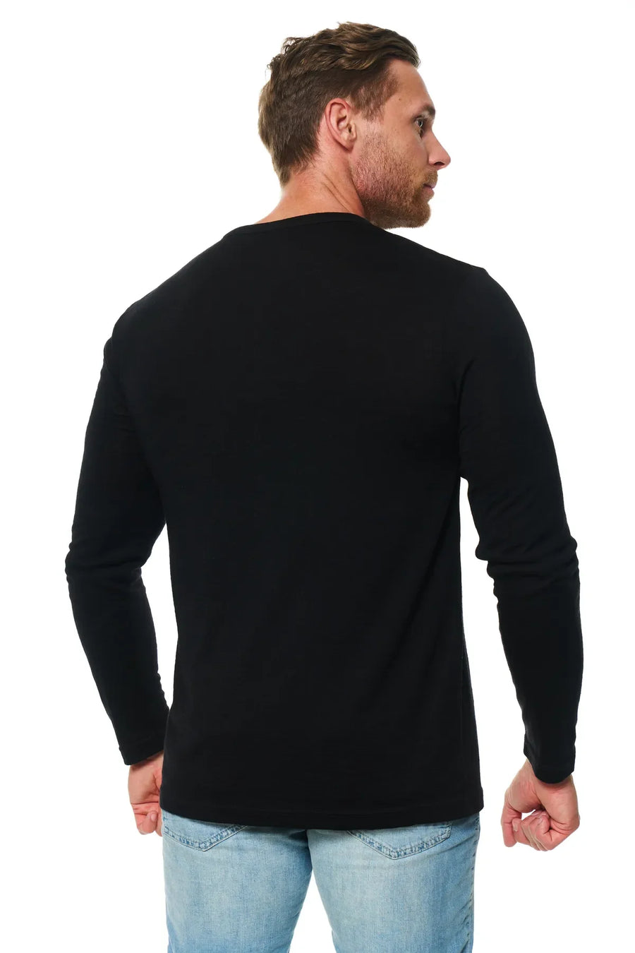 Men's Merino Wool Long Sleeve Henley Shirt 170 Black