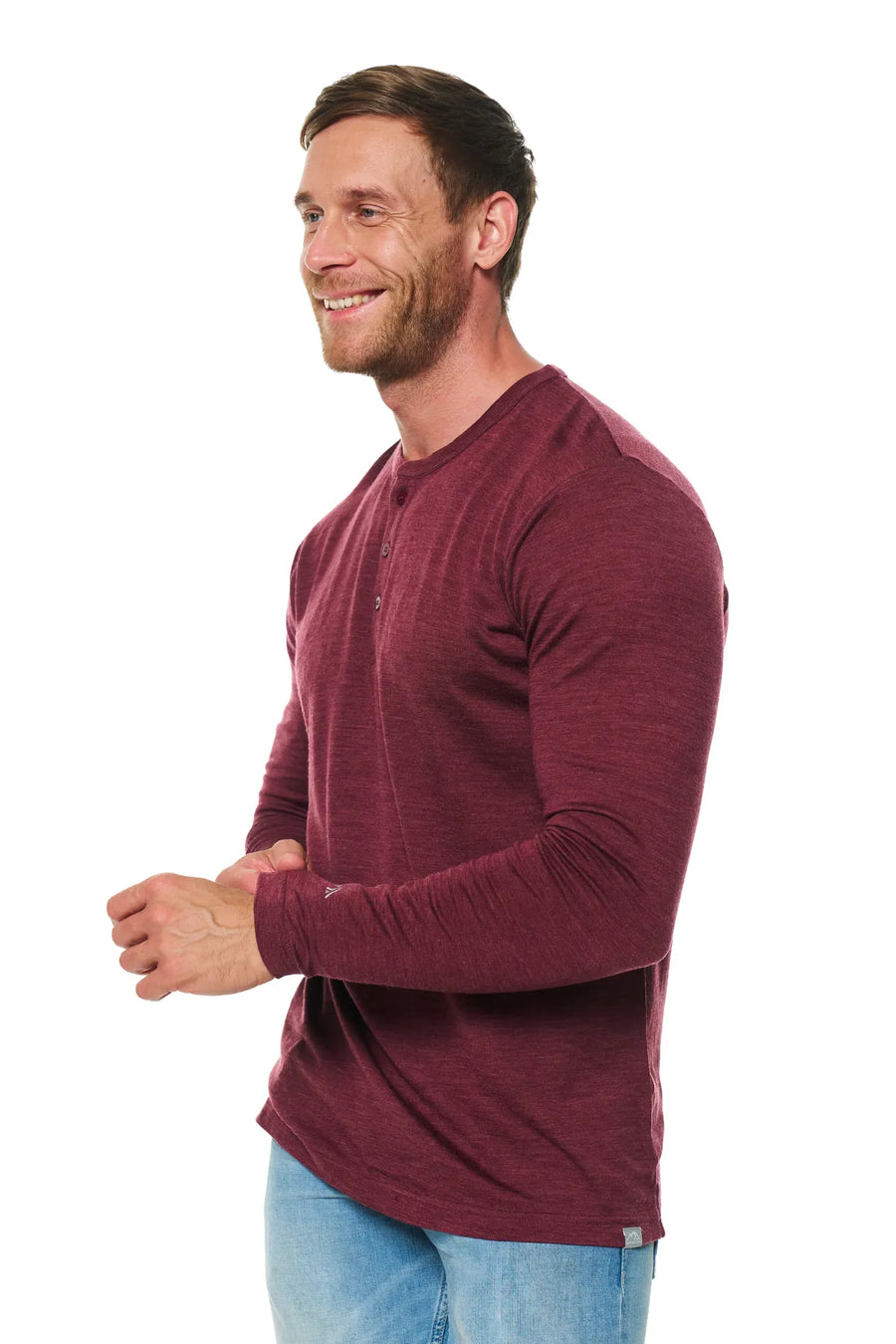 Men's Merino Wool Long Sleeve Henley Shirt 170 Burgundy