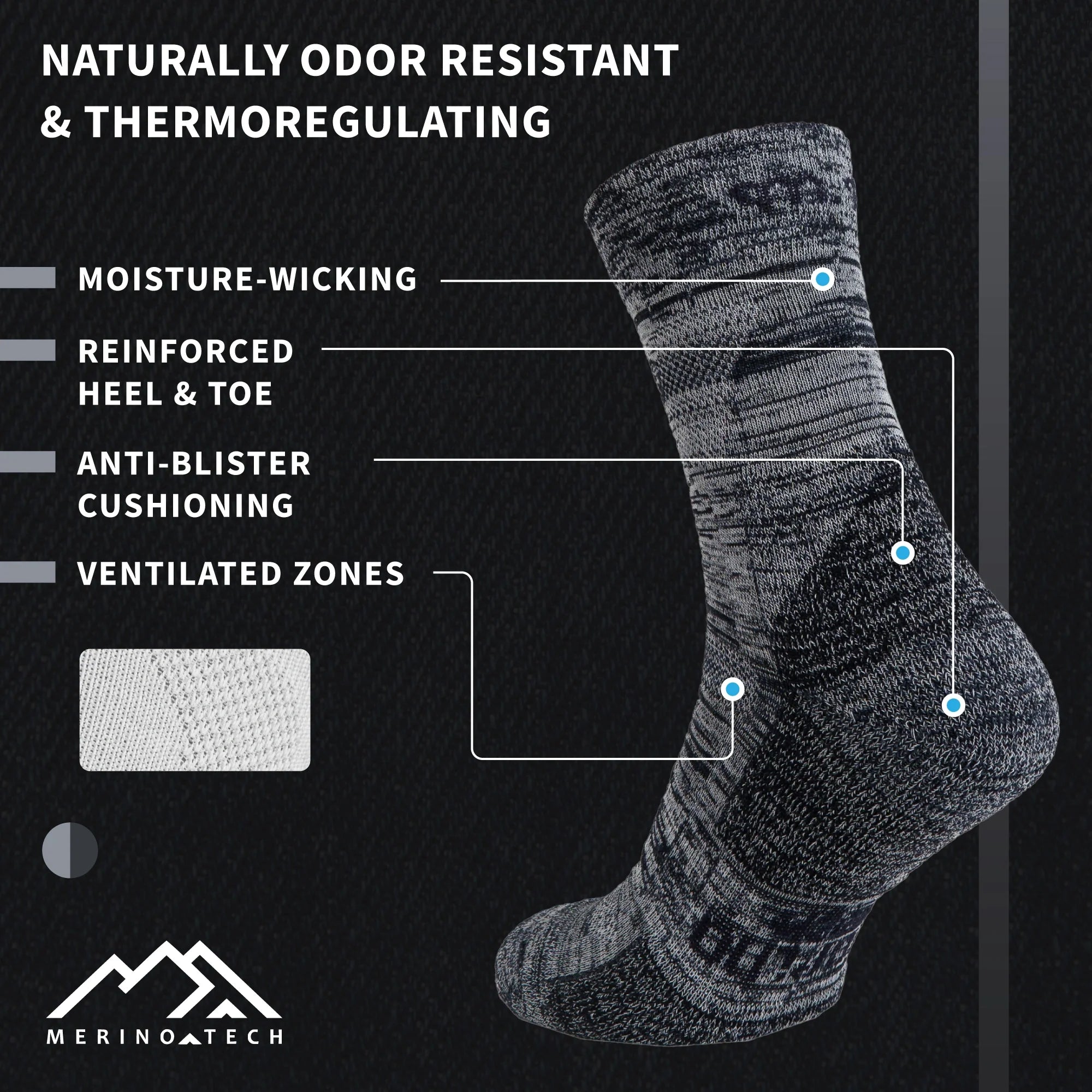 Merino Wool Hiking Socks - (Pack of 2) Charcoal Heathered