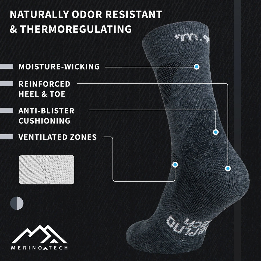 Merino Wool Hiking Socks - (Pack of 2) Lead Grey