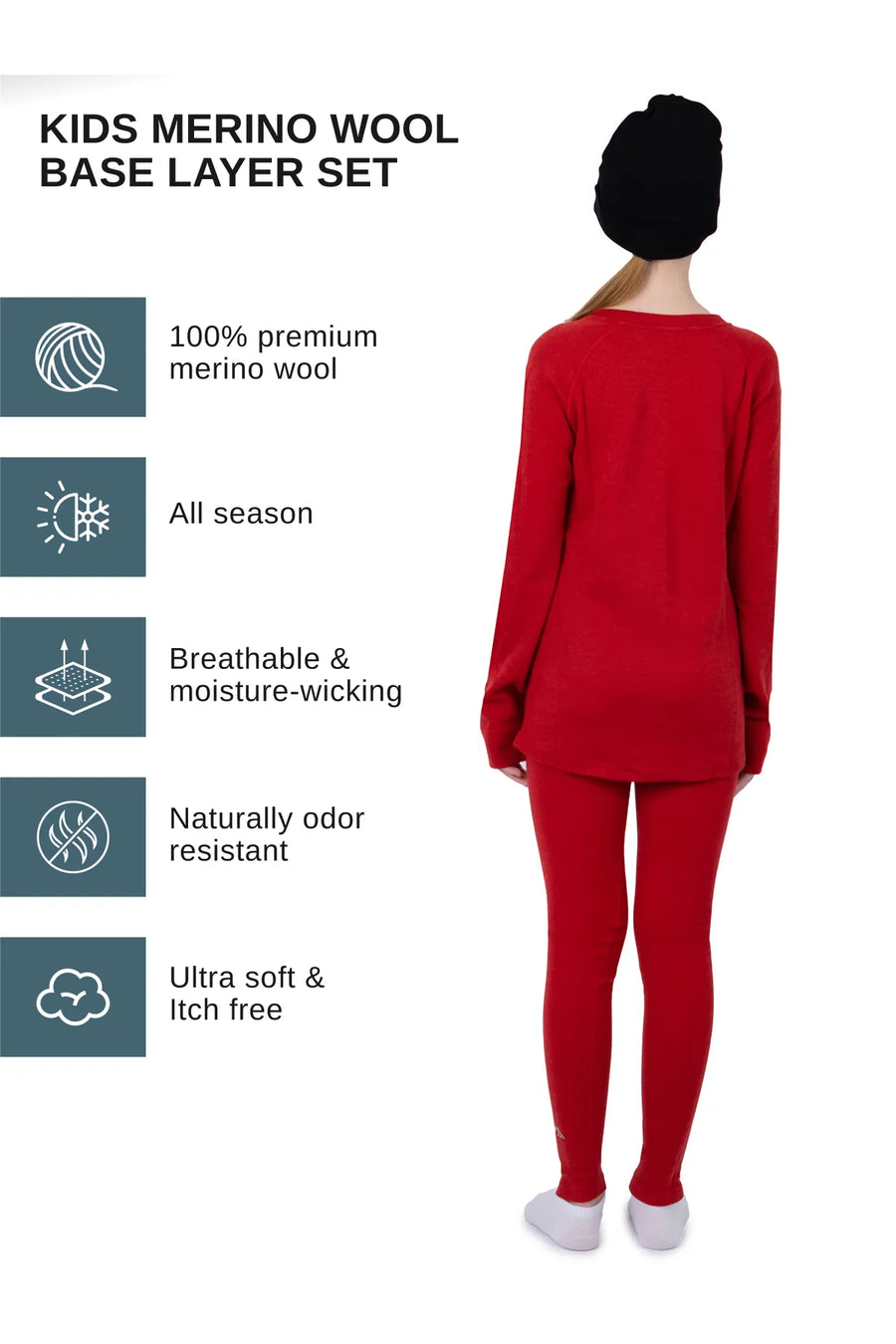 Kids' Merino Set Cherry Red + Black Beanie