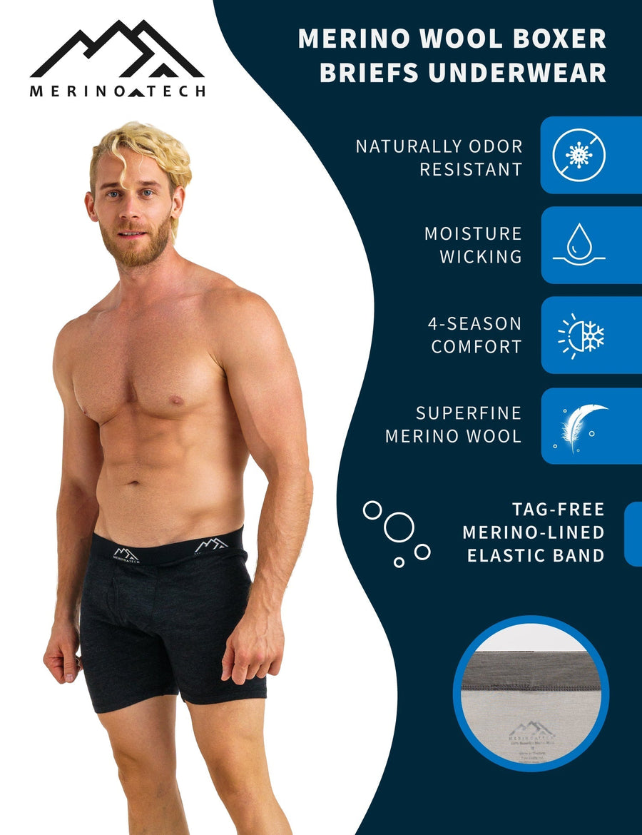 Men's Merino Boxers 190 Brief Heathered Black (2 Pack)