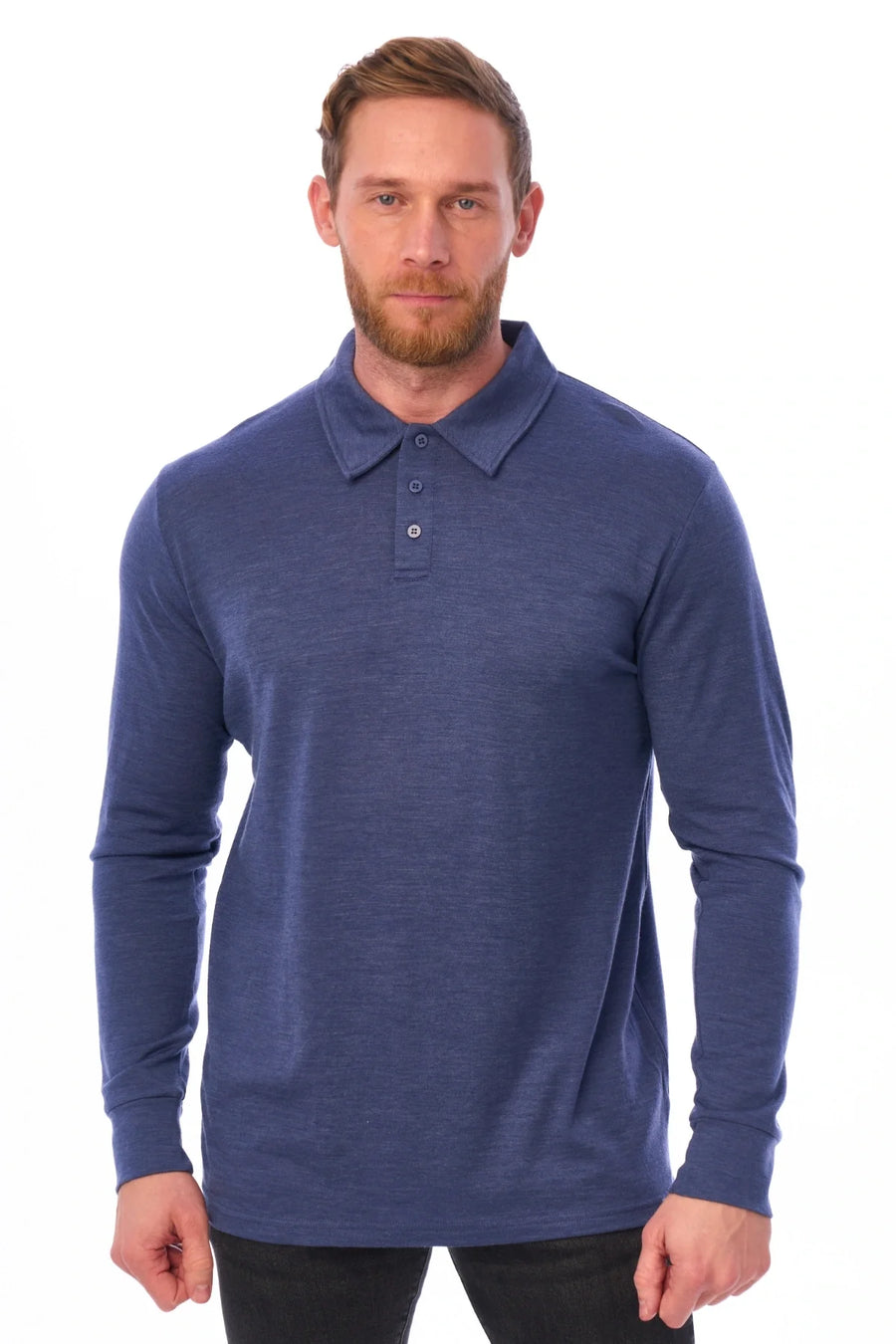 Men's Merino Wool Long Sleeve Polo Grey Blue