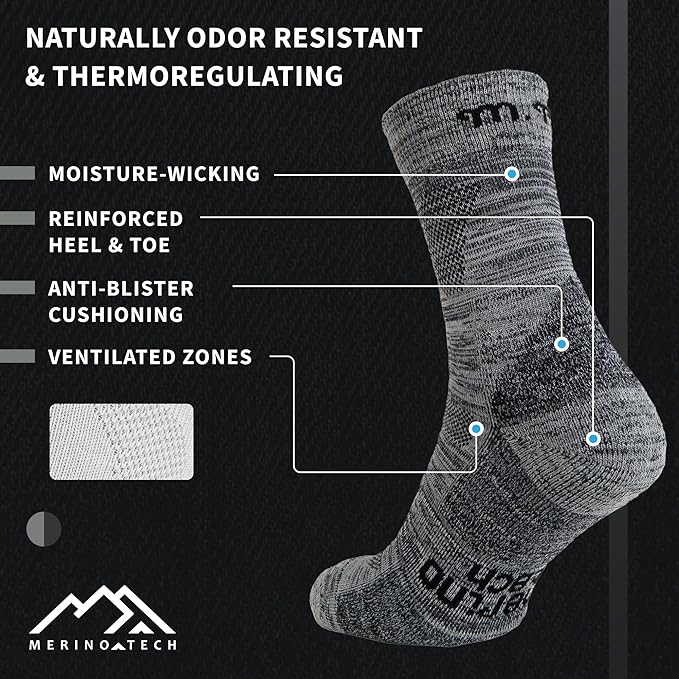 Merino Wool Hiking Socks - (Pack of 2) Heathered Cloud