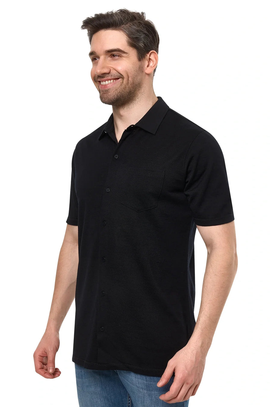Men's Merino Button-Up Short Sleeve Shirt Black
