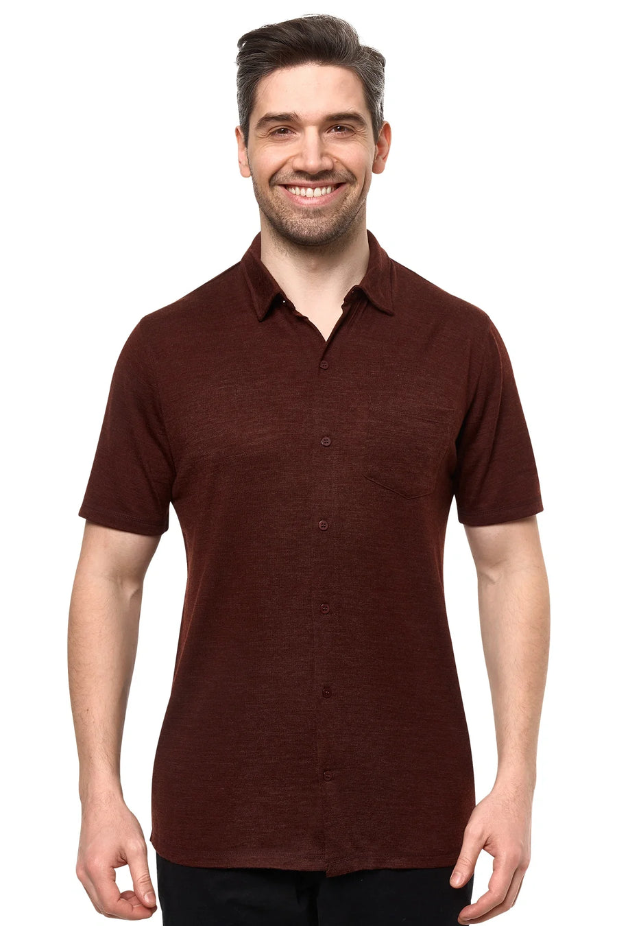 Men's Merino Button-Up Short Sleeve Shirt Bordo