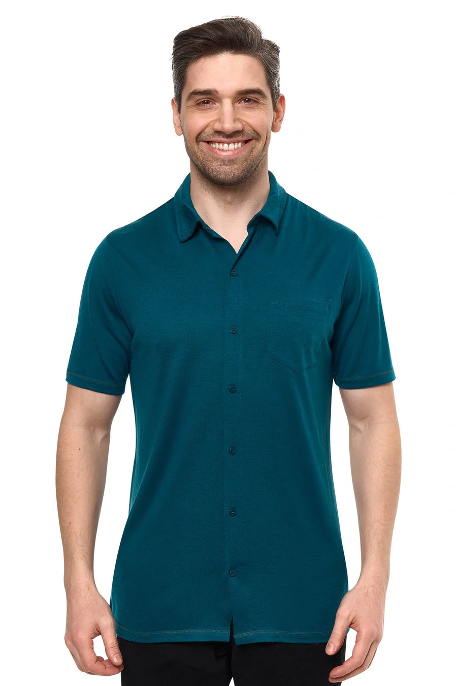 Men's Merino Button-Up Short Sleeve Shirt Deep Teal