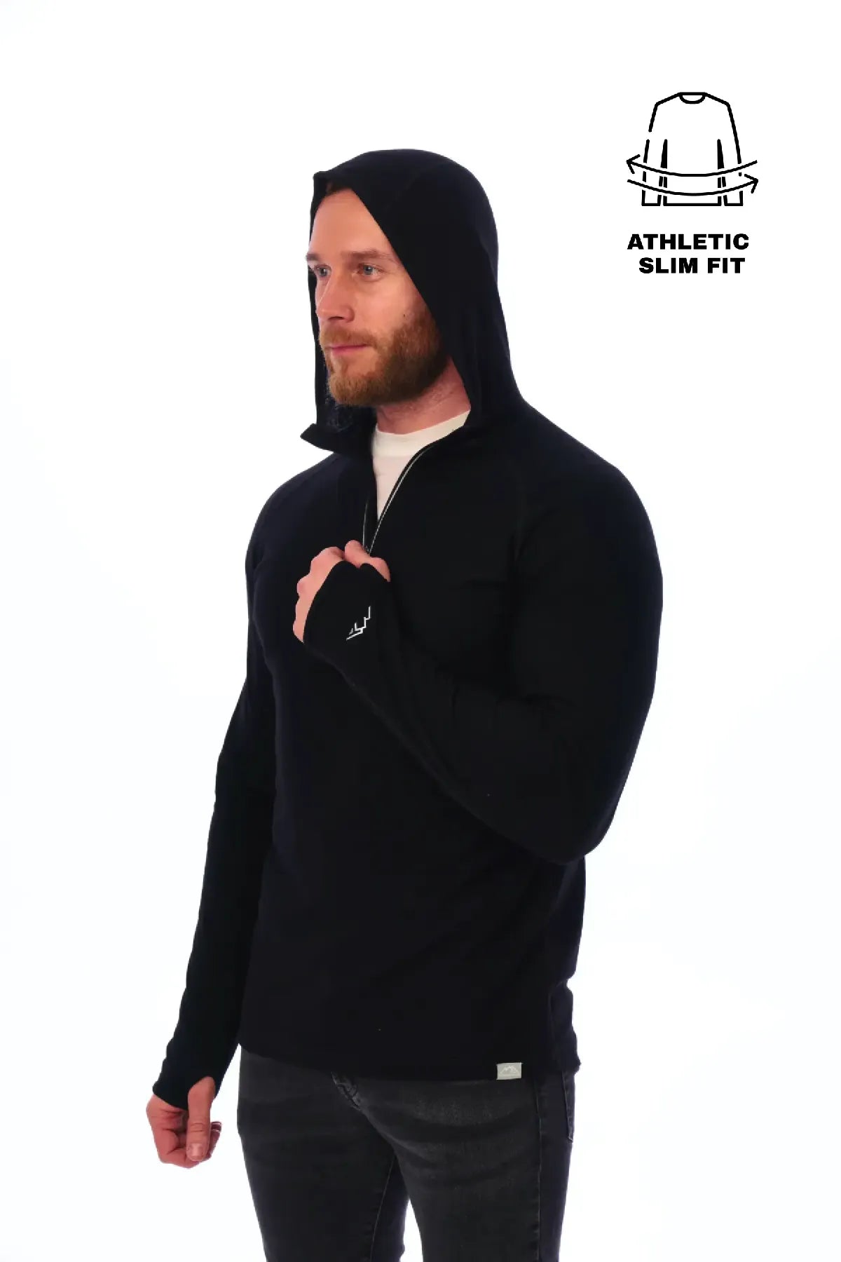 Men's Merino Wool Half Zip Hoodie 190 Black
