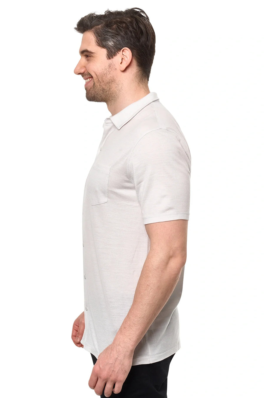 Men's Merino Button-Up Short Sleeve Shirt Light Grey