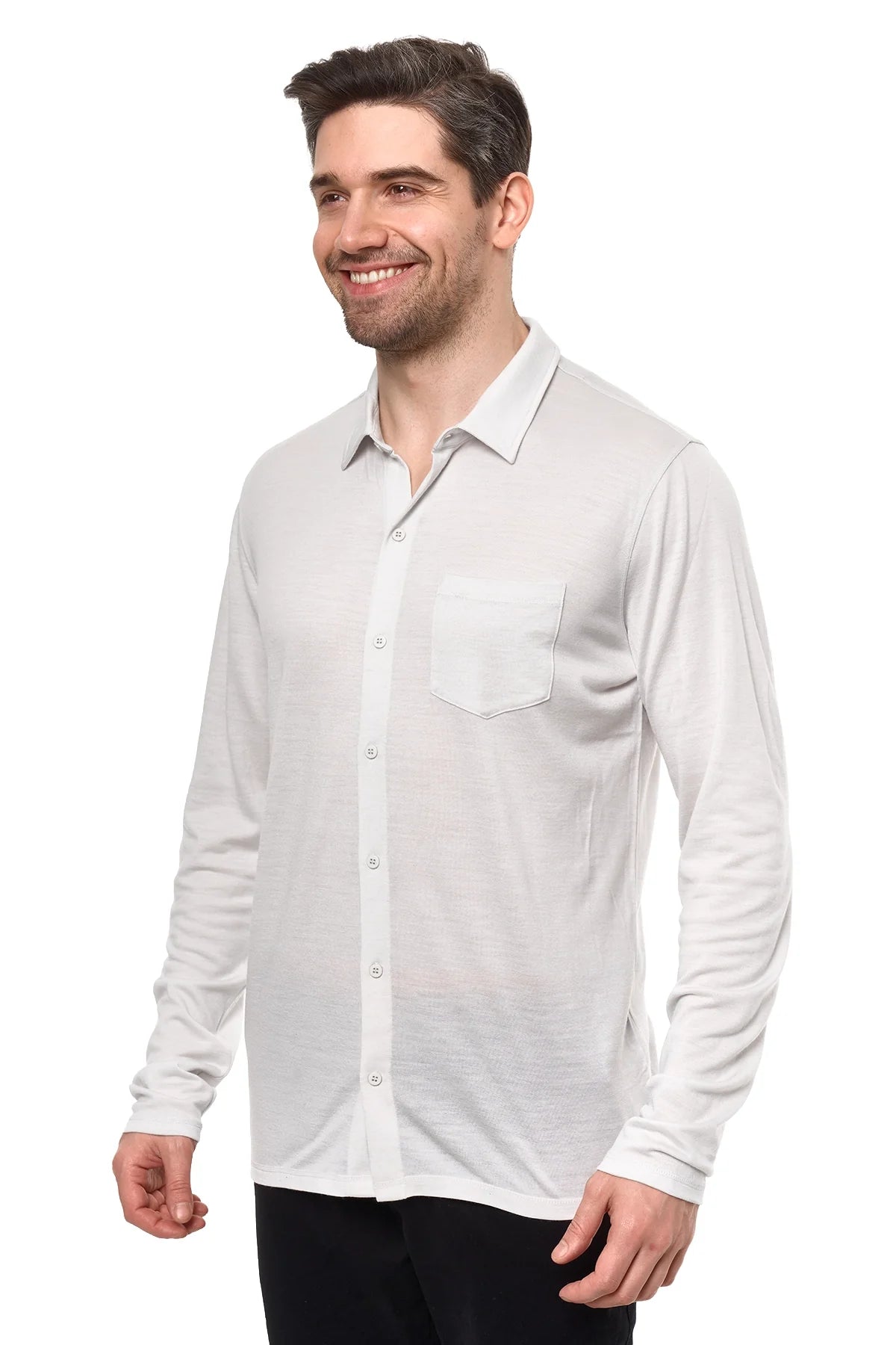 Men's Merino Button-Up Long Sleeve Light Grey