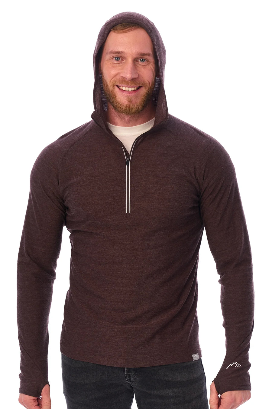 Men's Merino Wool Half Zip Hoodie 190 Chocolate