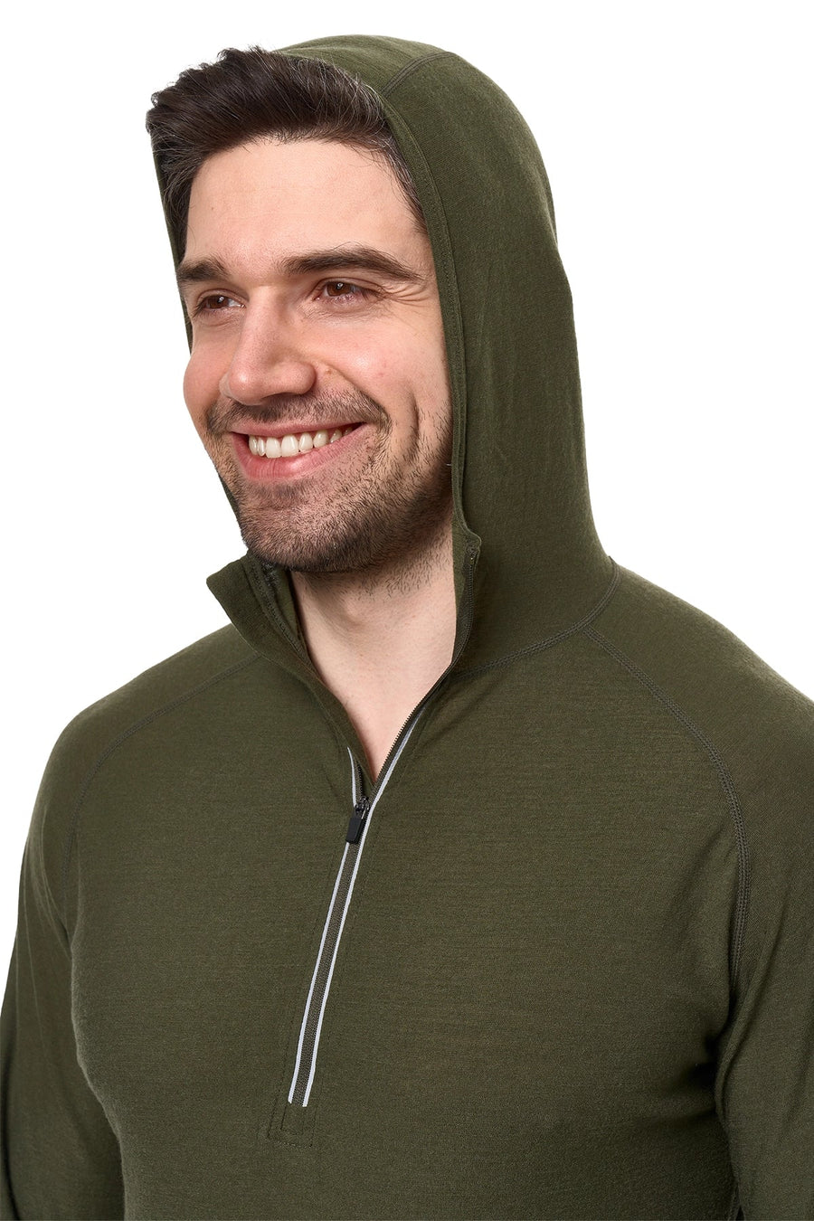 Men's Merino Wool Half Zip Hoodie 190 Dark Olive