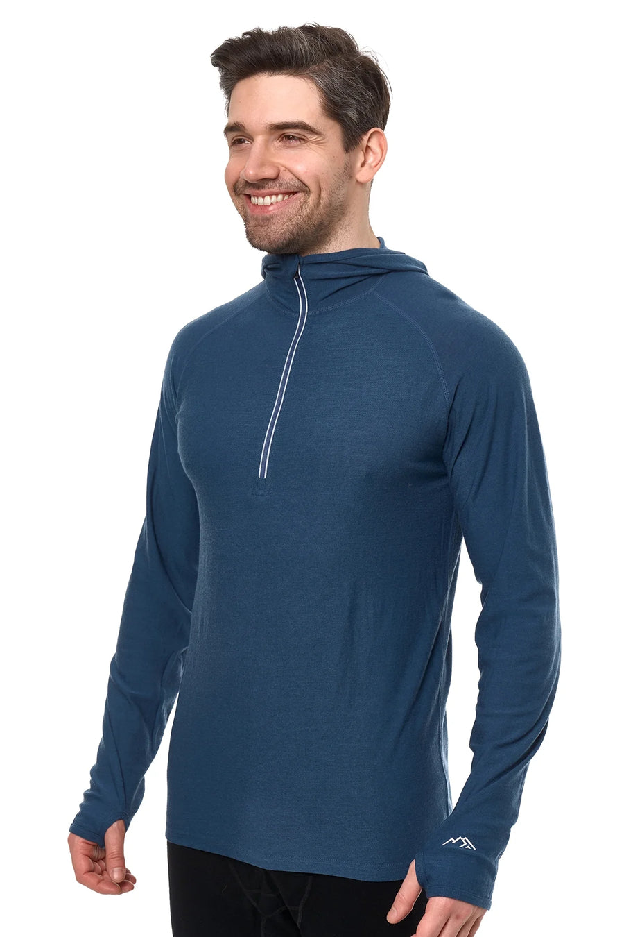 Men's Merino Wool Half Zip Hoodie 190 Denim Blue