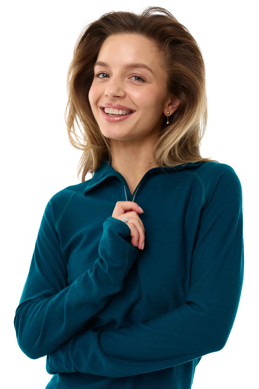 Women's Merino Wool Half Zip Hoodie 190 Deep Teal
