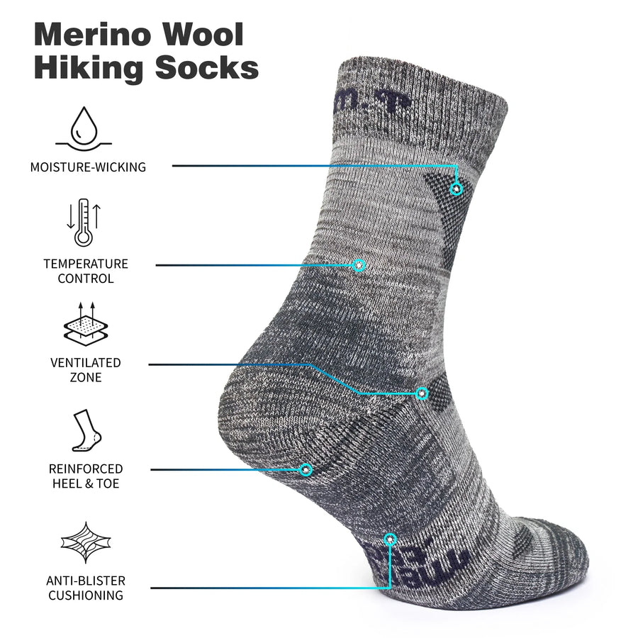 Merino Wool Hiking Socks - (Pack of 2) Grey Heather
