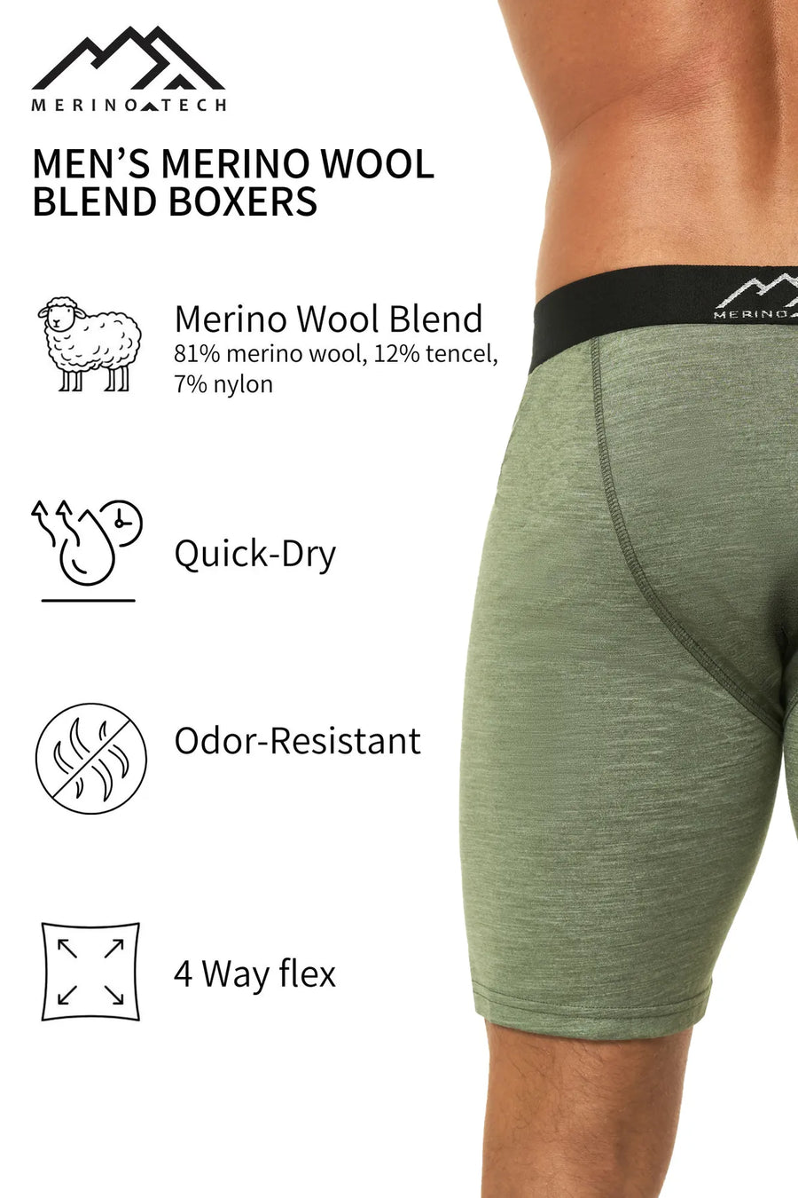 Men's Merino Boxers 170 Heather Olive (1 Pack)