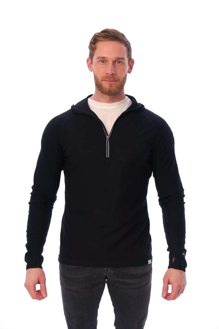 Men's Merino Wool Half Zip Hoodie 190 Black