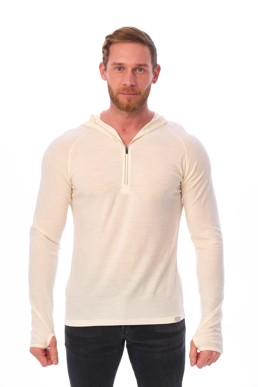 Men's Merino Wool Half Zip Hoodie 190 Off White