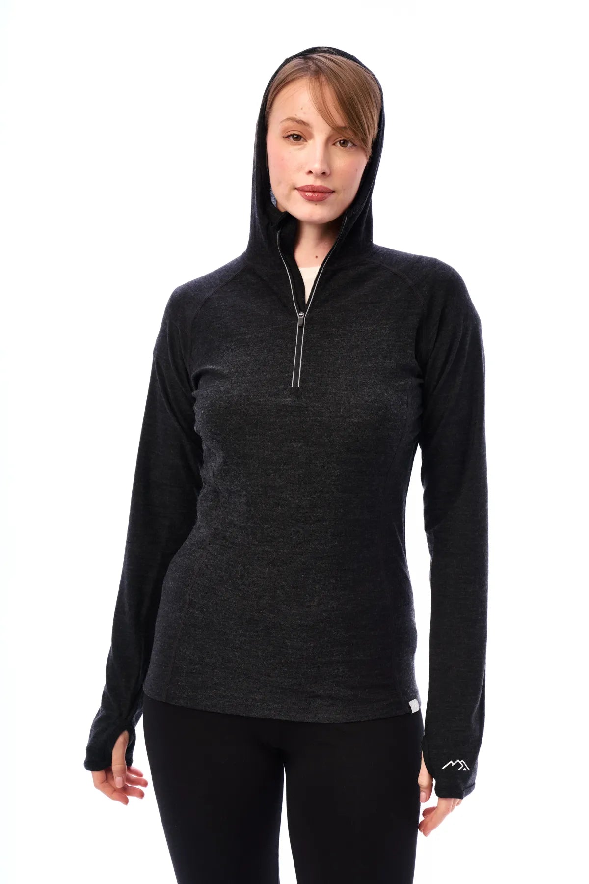 Women's Merino Wool Half Zip Hoodie 190 Charcoal Grey