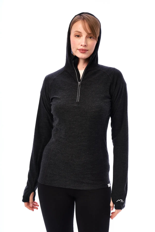 Women's Merino Wool Half Zip Hoodie 190 Charcoal Grey