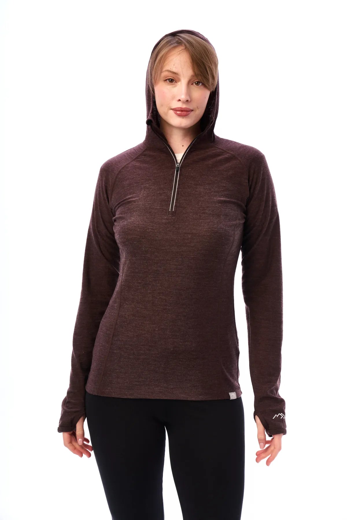 Women's Merino Wool Half Zip Hoodie 190 Chocolate