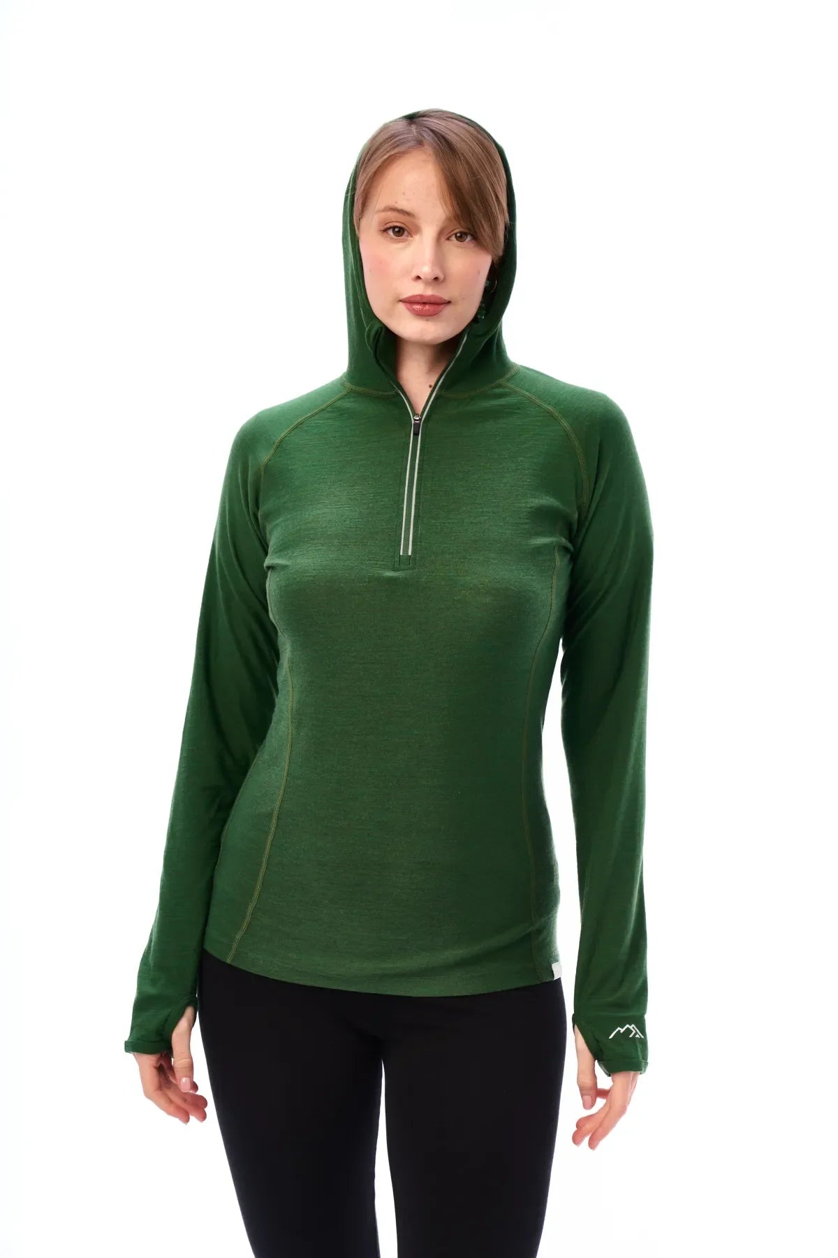 Women's Merino Wool Half Zip Hoodie 190 Olive