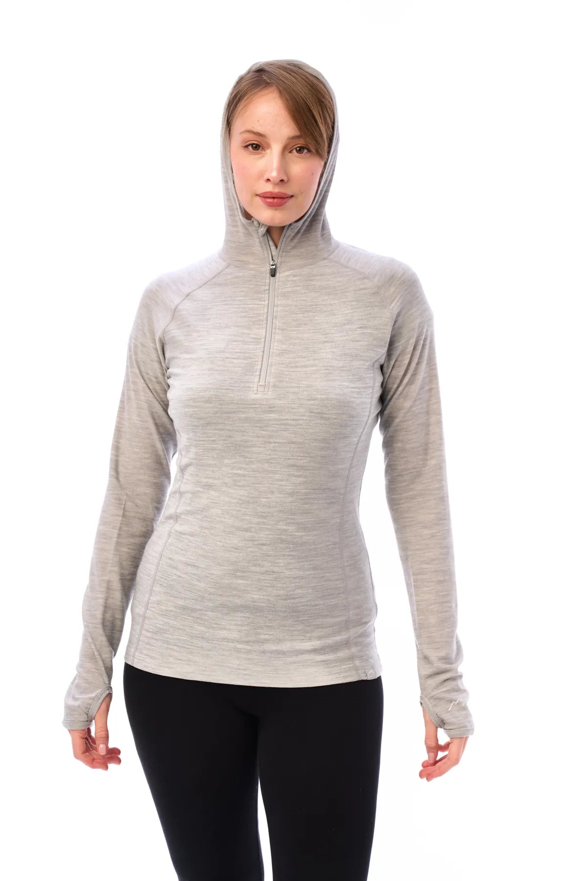 Women's Merino Wool Half Zip Hoodie 190 Heather Grey