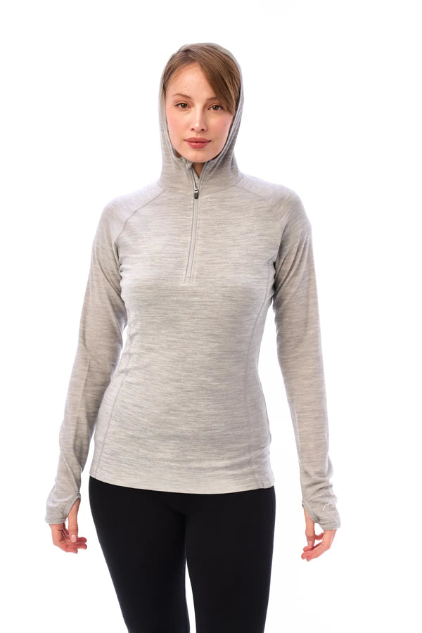 Women's Merino Wool Half Zip Hoodie 190 Heather Grey