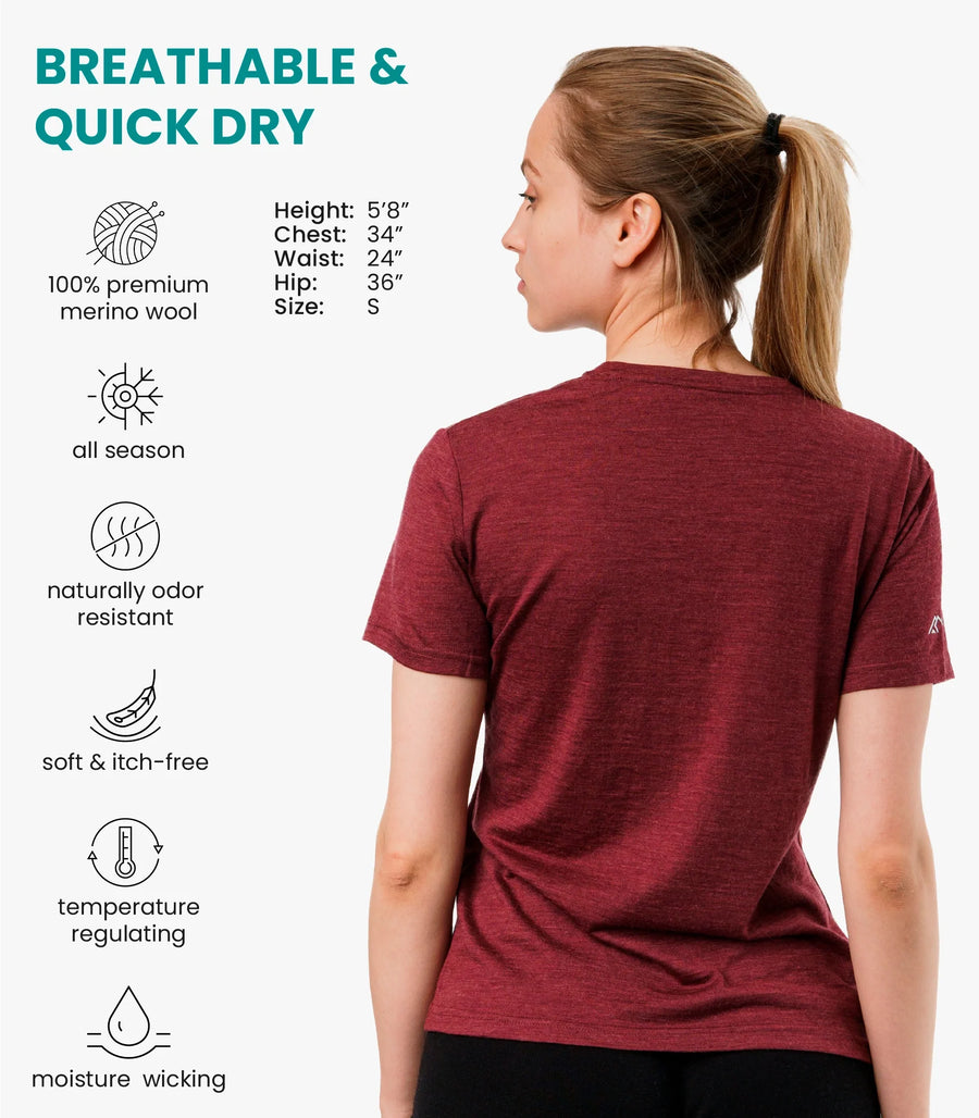 Women's Merino T-shirt 180 Burgundy | Crewneck (+socks)