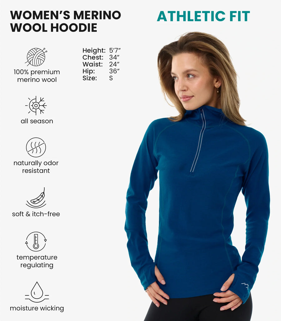 Women's Merino Wool Half Zip Hoodie 190 Denim Blue