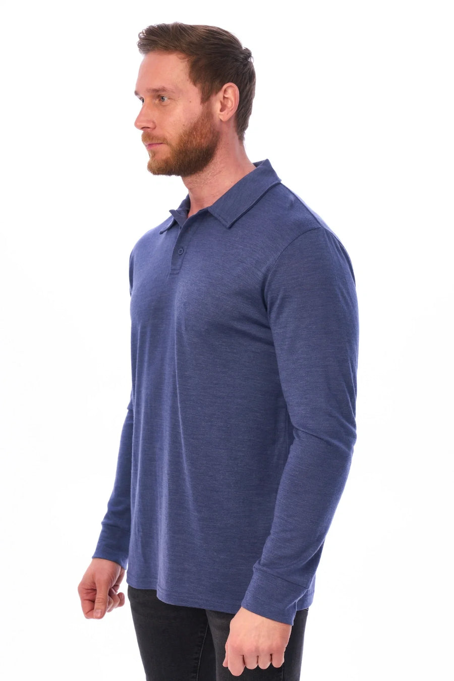 Men's Merino Wool Long Sleeve Polo Grey Blue