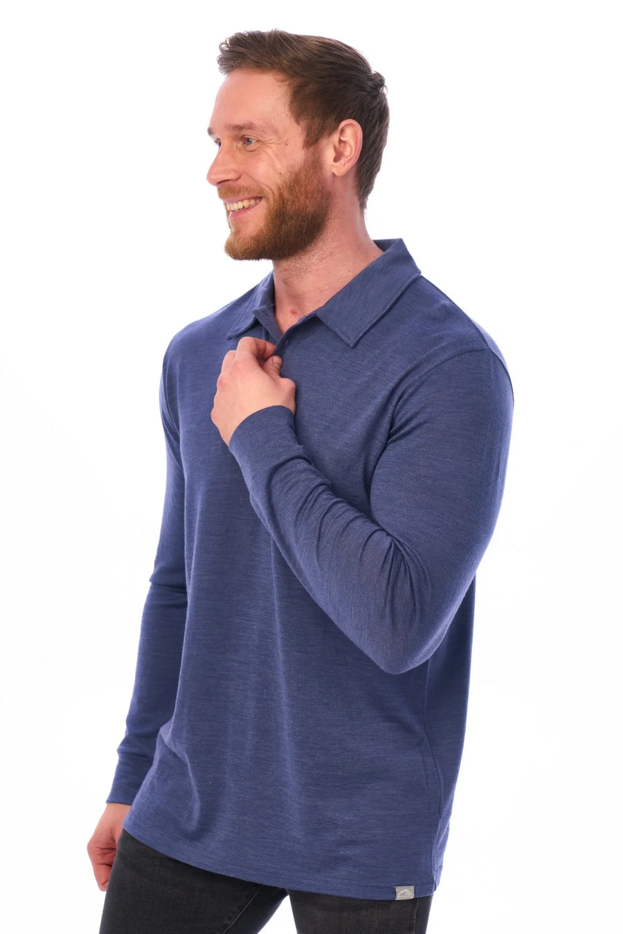 Men's Merino Wool Long Sleeve Polo Grey Blue