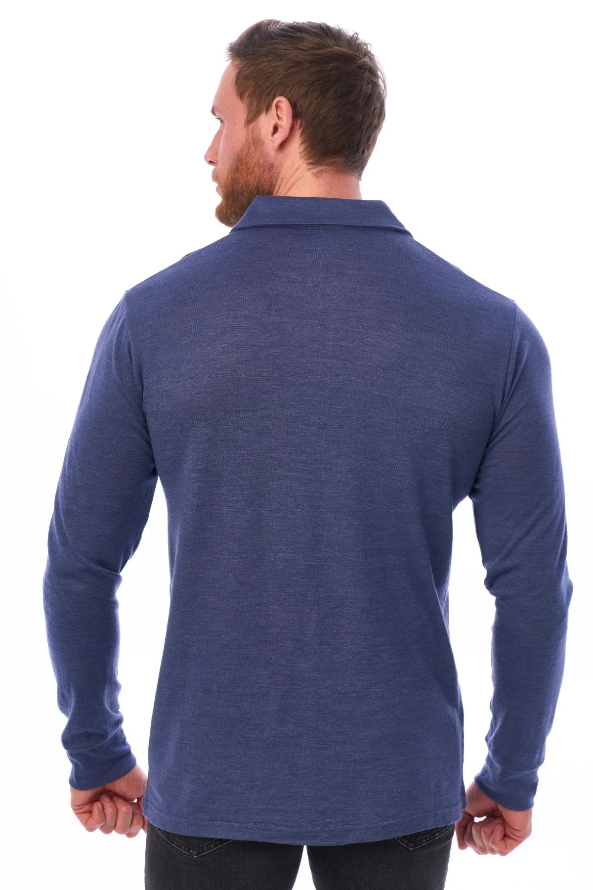 Men's Merino Wool Long Sleeve Polo Grey Blue