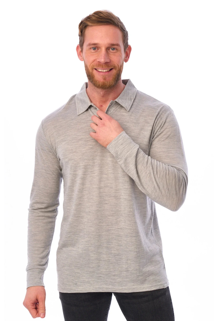 Men's Merino Wool Long Sleeve Polo Heather Grey