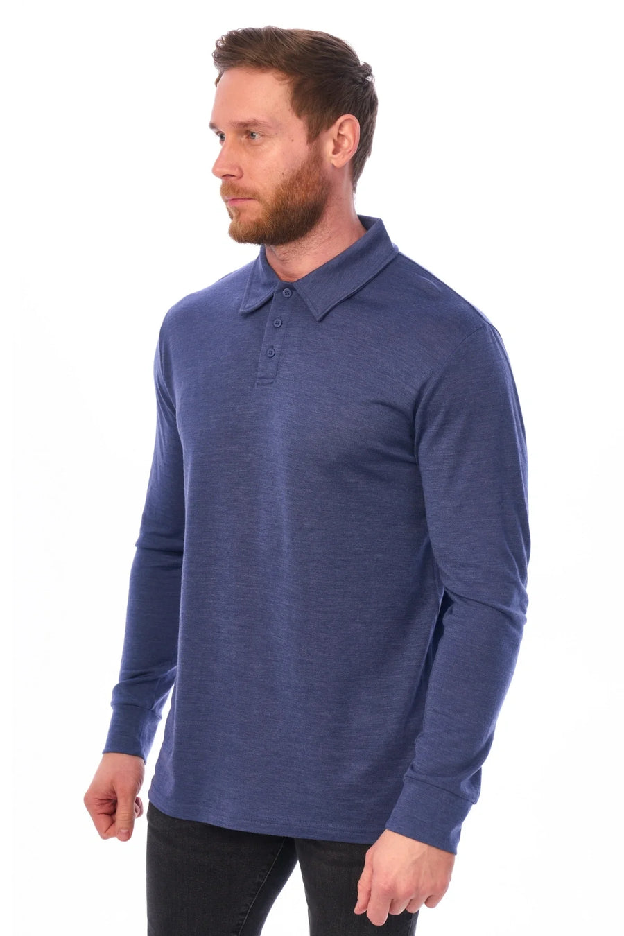 Men's Merino Wool Long Sleeve Polo Grey Blue