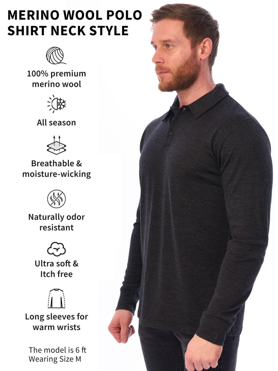 Men's Merino Wool Long Sleeve Polo Charcoal