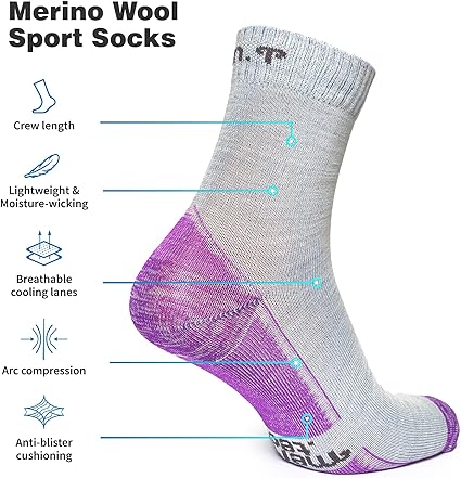 Merino Wool Running Socks - (Pack of 2) Grey Purple