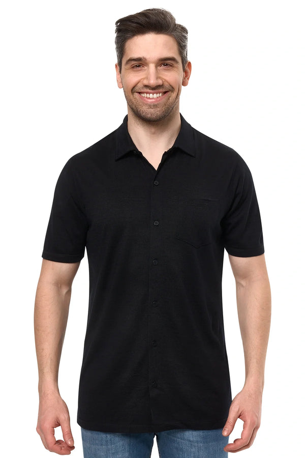 Men's Merino Button-Up Short Sleeve Shirt Black