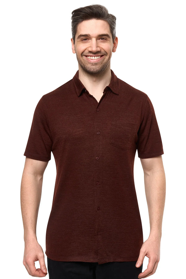 Men's Merino Button-Up Short Sleeve Shirt Bordo