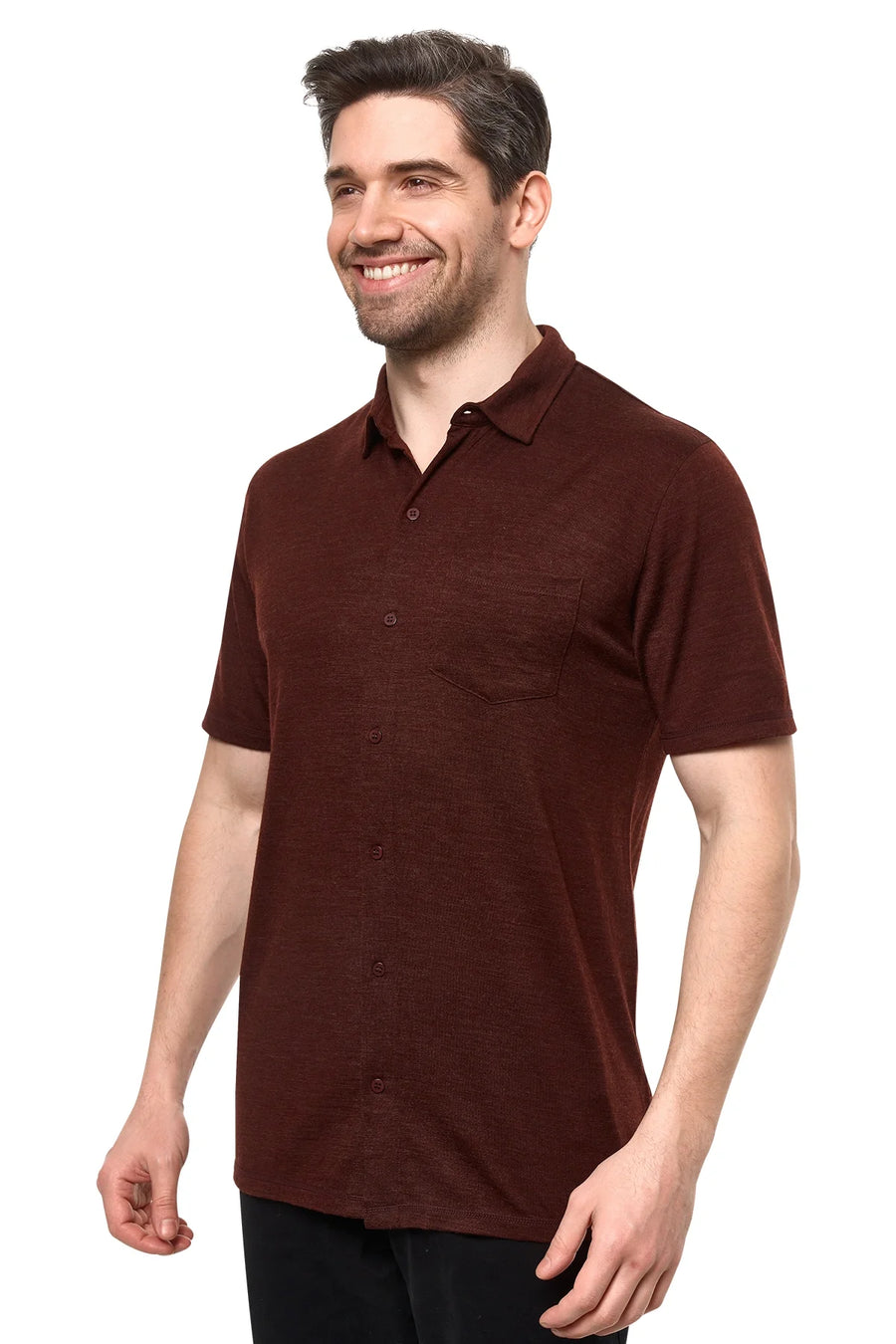 Men's Merino Button-Up Short Sleeve Shirt Bordo