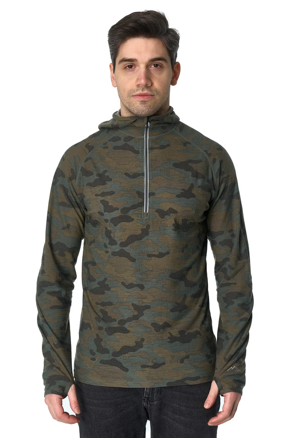 Men's Merino Wool Half Zip Hoodie 190 Camo