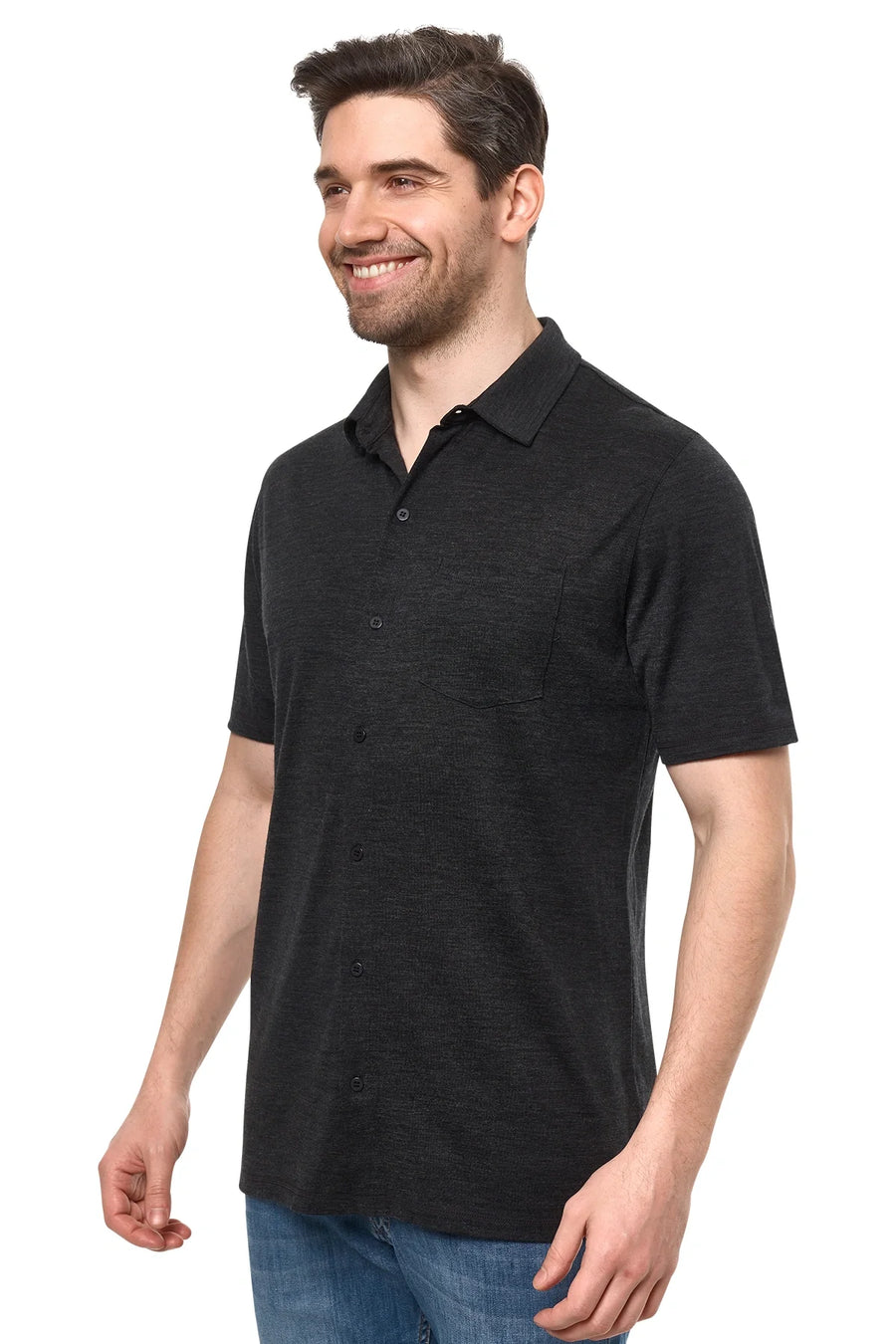 Men's Merino Button-Up Short Sleeve Shirt Charcoal