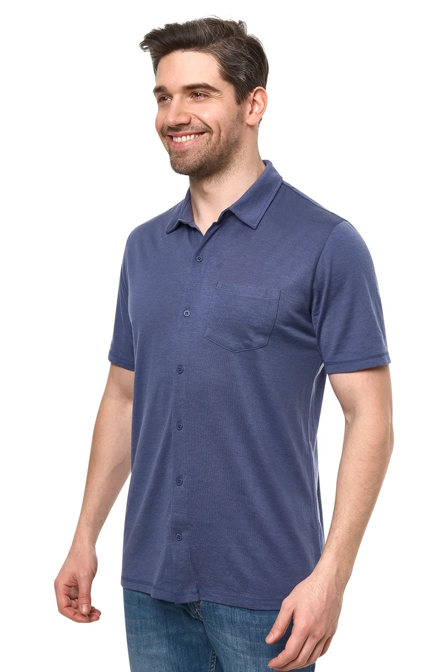 Men's Merino Button-Up Short Sleeve Shirt Dark Blue