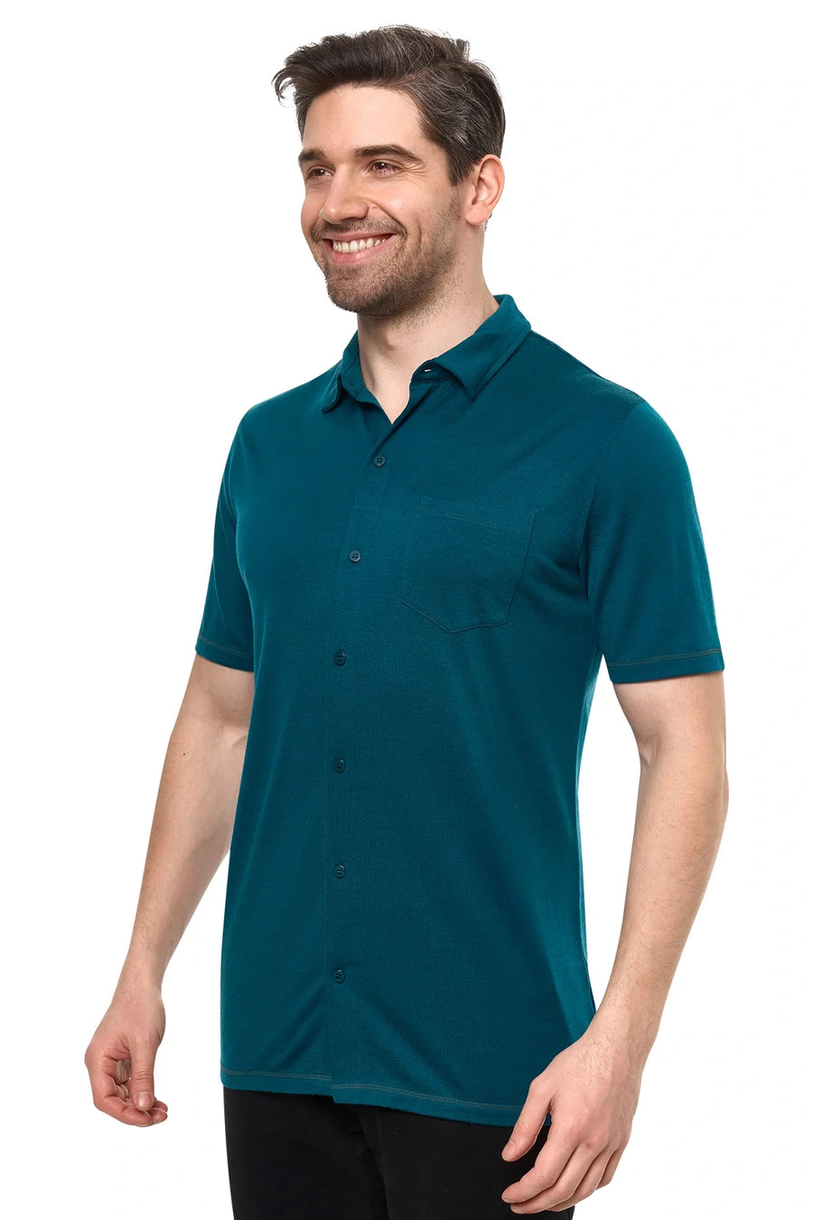 Men's Merino Button-Up Short Sleeve Shirt Deep Teal