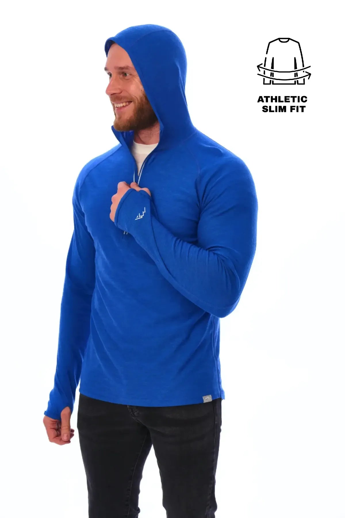 Men's Merino Wool Half Zip Hoodie 190 Cobalt Blue
