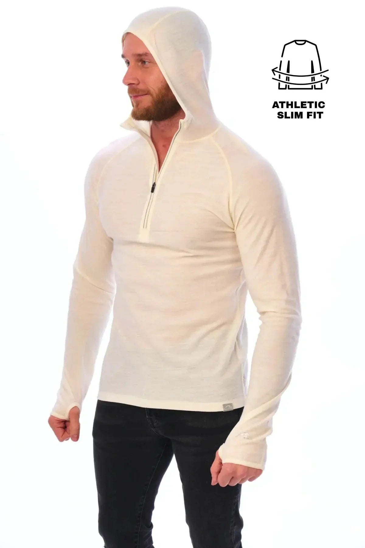 Men's Merino Wool Half Zip Hoodie 190 Off White