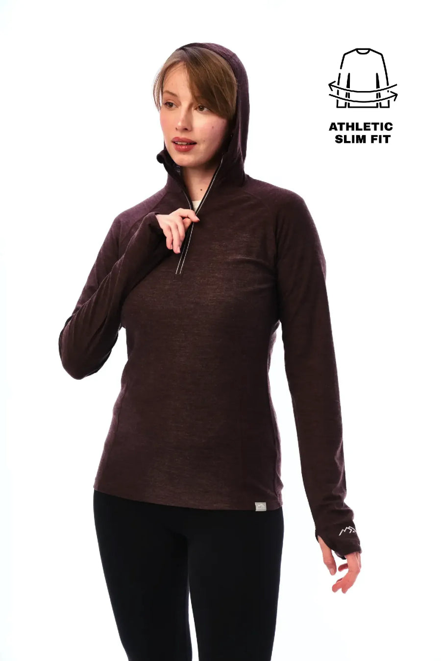 Women's Merino Wool Half Zip Hoodie 190 Chocolate