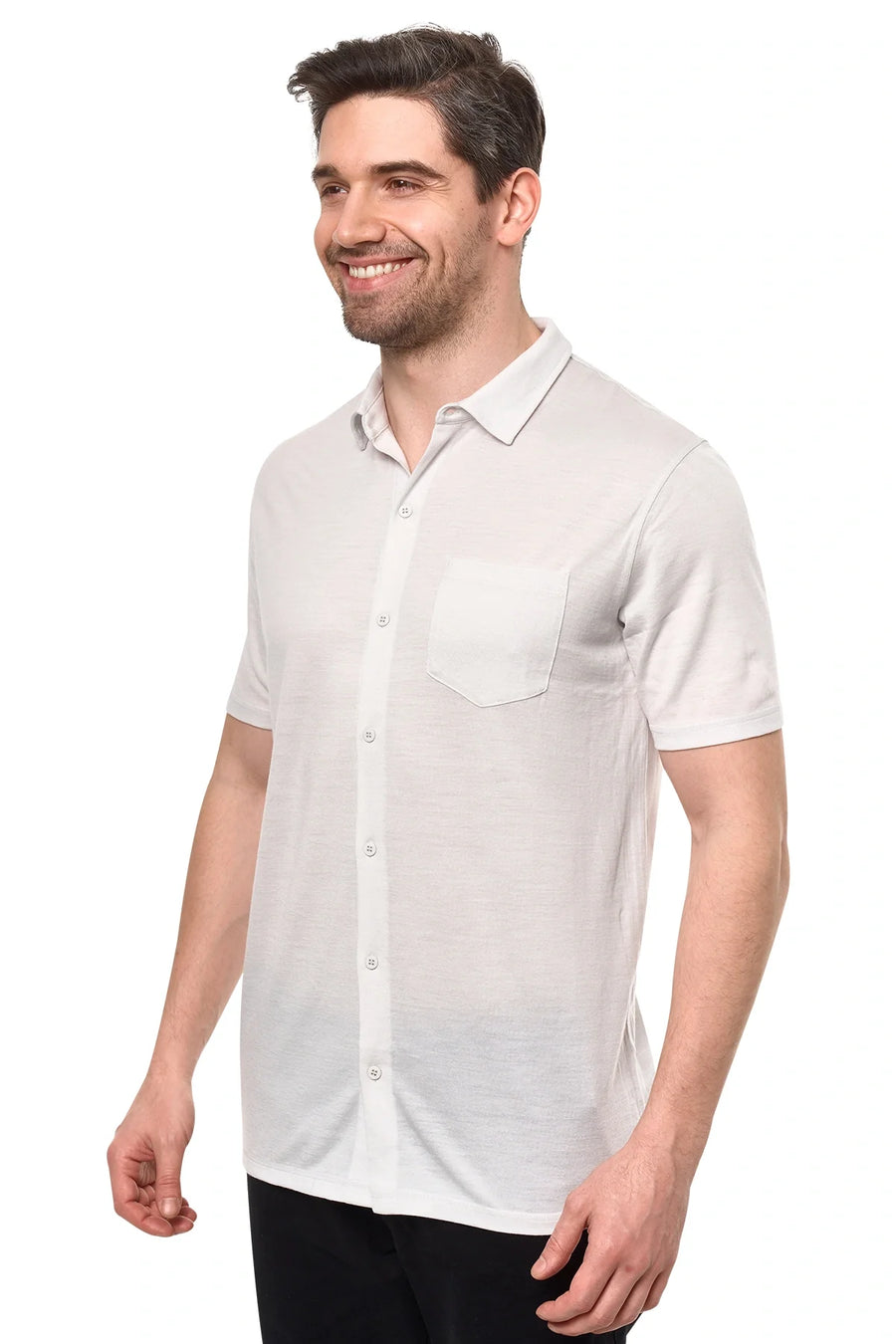 Men's Merino Button-Up Short Sleeve Shirt Light Grey