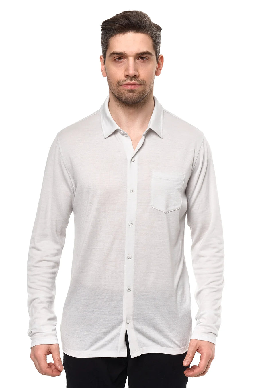 Men's Merino Button-Up Long Sleeve Light Grey