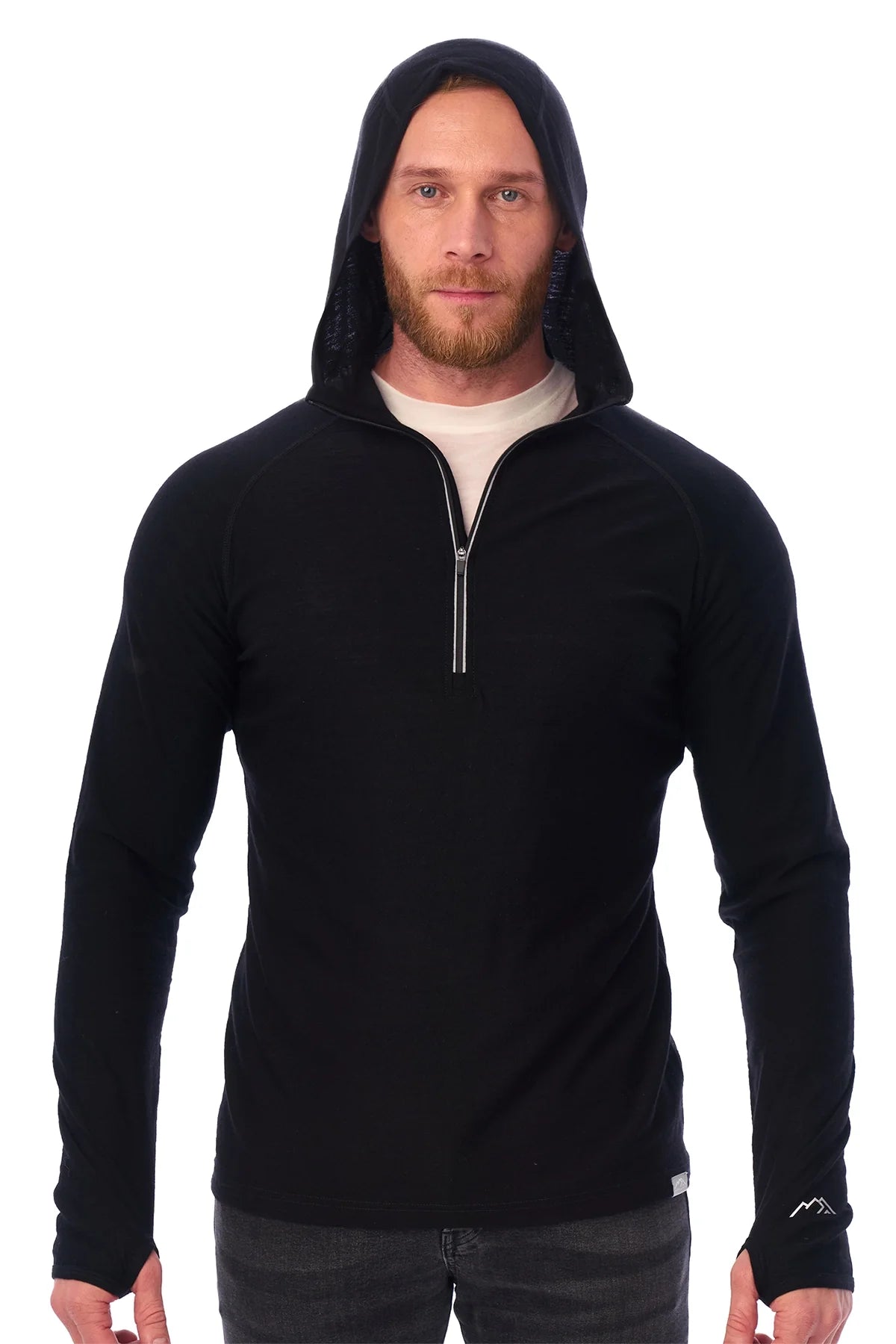 Men's Merino Wool Half Zip Hoodie 190 Black